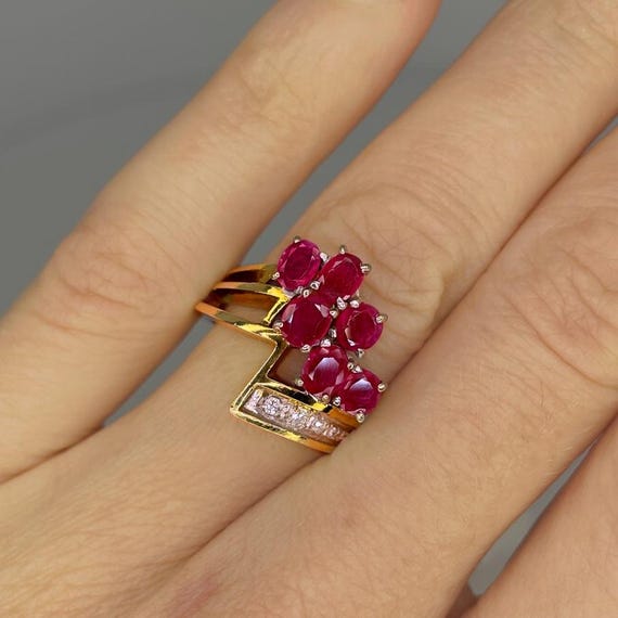 Natural Red Ruby Flower Engagement Rings Estate R… - image 3