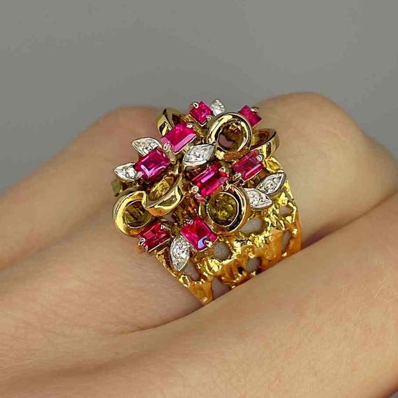 Unheated Ruby Cluster Ring Ruby Diamond Cocktail … - image 2