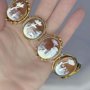OOAK 1870s Large Victorian Scenic Story Cameo 14K Gold Bracelet Unique Antique Shell Cameo Bangle