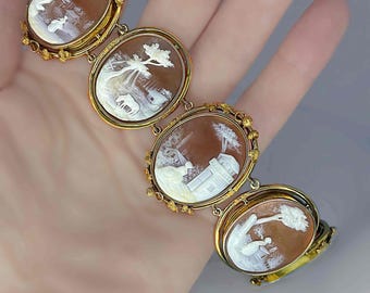 Pulsera de oro de 14 quilates con camafeo de concha antigua única de la década de 1870 con historia escénica victoriana