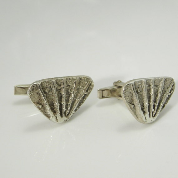 Abstract Textured Leaf Silver Vintage Cuff Links … - image 3