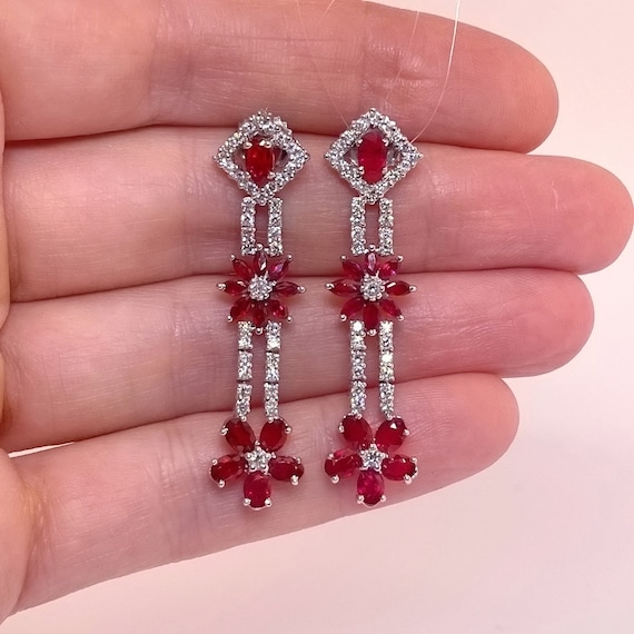 Unheated Ruby Earrings Vivid Red Ruby Diamond Dro… - image 5
