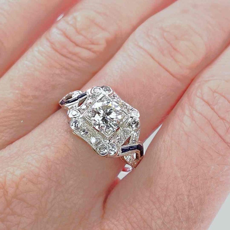 OOAK Art Deco-period 1920-tals diamant-safir-platinaring Unik antik diamantring med övergångsslipning Unik jubileumsring bild 6