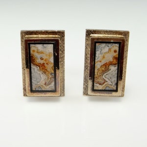 Big Picture Agate Gold Plated Sterling Silver 925 Rectangle Cuff Links One of a Kind Unique Vintage Cufflinks Mens Accessories Jewelry Gifts