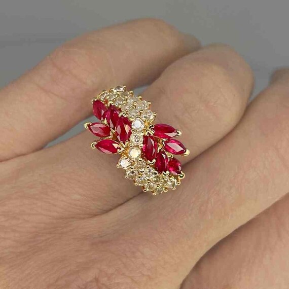 Vintage Ruby Cluster Ring 14K Gold Bright Red Rub… - image 3