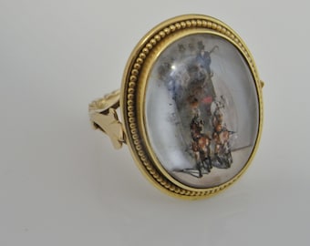 Stage Coach Ring 19th Century Essex Crystal Intaglio Ring Miniature Paintings 18K Yellow Gold Ring Victorian Jewelry Antique Gold Ring Ring