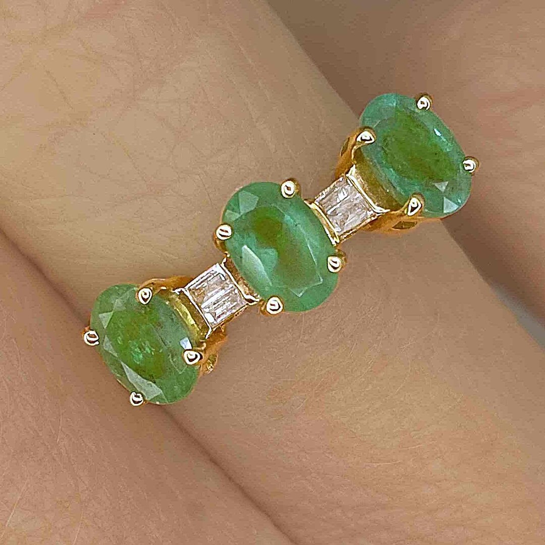 Emerald Diamond 10K Gold Ring 3 Stone Emerald Engagement Ring Emerald ...