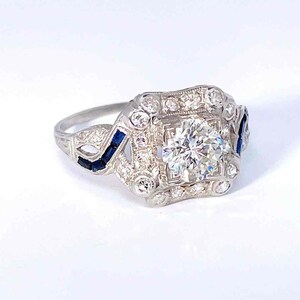 OOAK Art Deco-period 1920-tals diamant-safir-platinaring Unik antik diamantring med övergångsslipning Unik jubileumsring bild 11