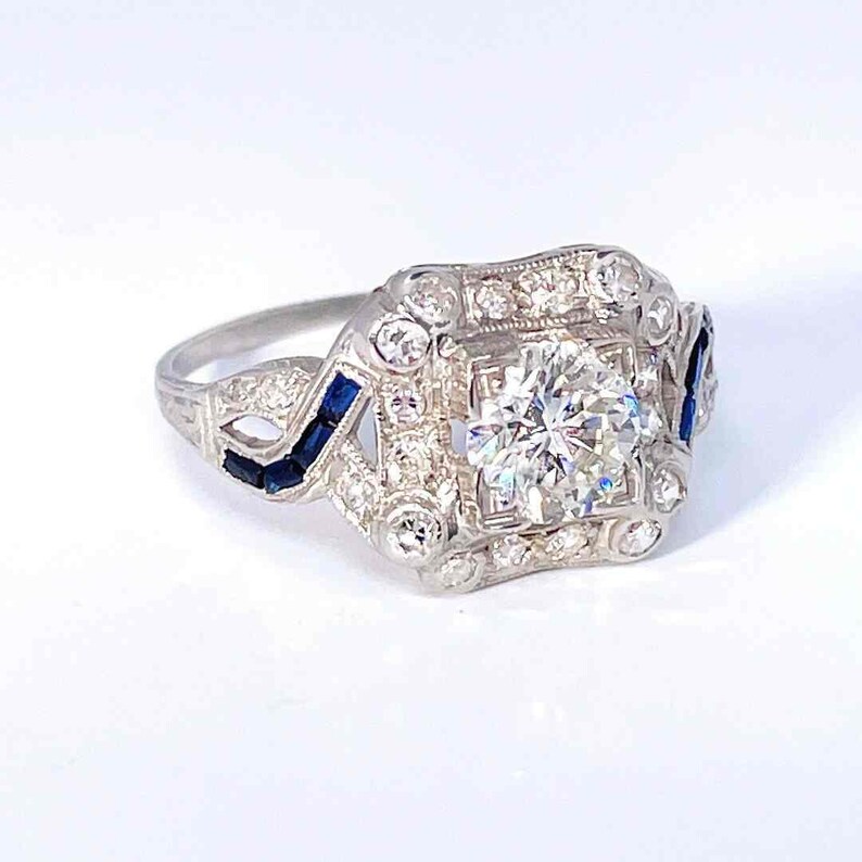 OOAK Art Deco-period 1920-tals diamant-safir-platinaring Unik antik diamantring med övergångsslipning Unik jubileumsring bild 11