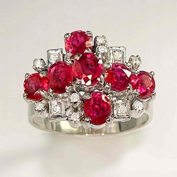 Unheated Ruby Diamond Ring Geometric Cluster Enga… - image 1