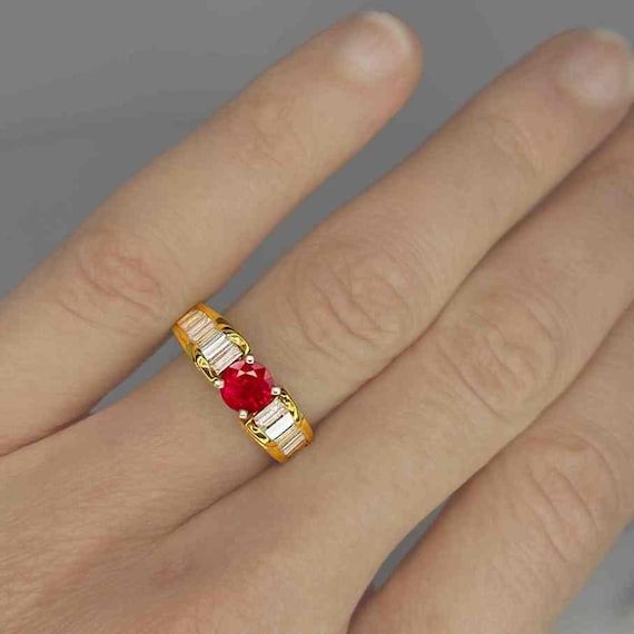 Red Ruby Diamond Engagement Ring 18K Platinum Han… - image 5