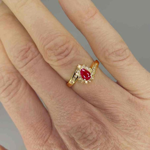 Tear Drop Ruby Ring Unheated Ruby Diamond Ring 14… - image 3