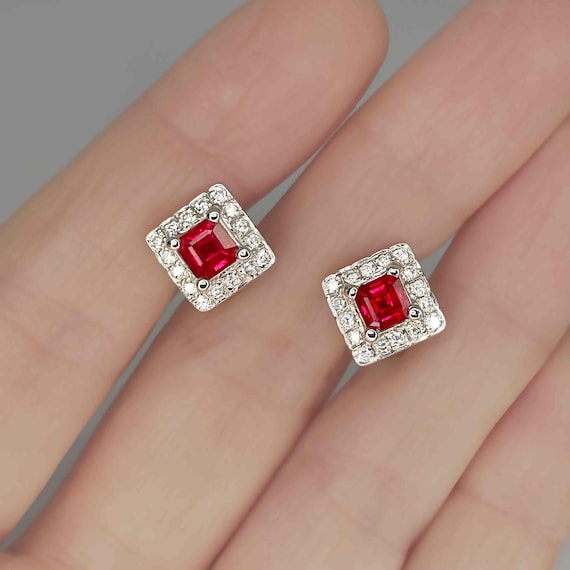 Exquisite Ruby Diamond 18K Earrings Square Emerald Cut Ruby Stud