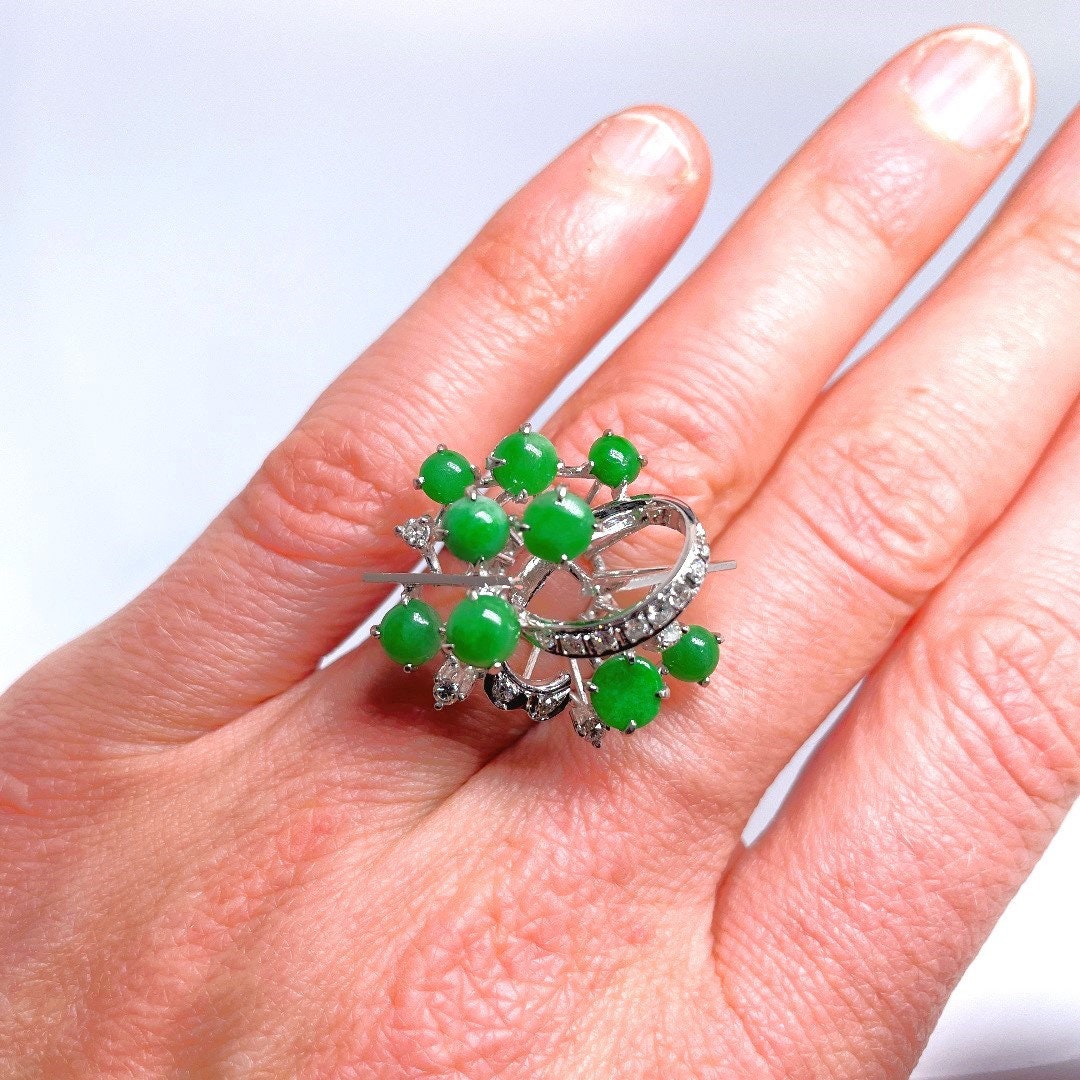 Untreated Jade Diamond Cluster Ring Jadeite Ring Green Jade Cocktail