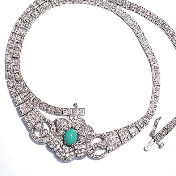 Turquoise Diamond Necklace 14K White Gold Natural… - image 1