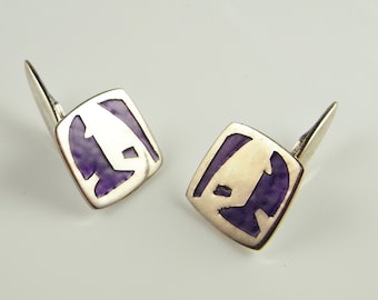 Purple Enamel Abstract Handmade One of a Kind 1960s 1950s Sterling Silver 925 Mens Unisex Cuff Links Vintage Cufflinks Accessories Gifts