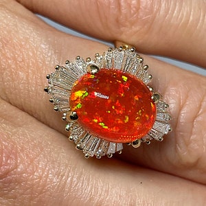 Large Precious Fire Opal Ring Precious Crystal Fire Opal Ring Big Vintage Opal Ring Opal Ballerina Engagement Ring Natural Untreated Opal
