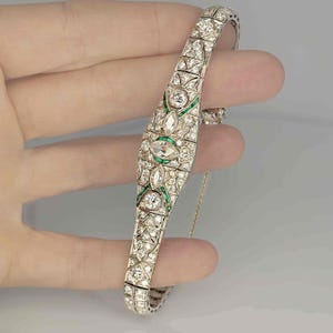 OOAK Art Deco Platinum Emerald Diamond Bracelet Art Deco Antique Diamond Bangle 1920s 1930s Jewelry for Anniversary Gift image 6