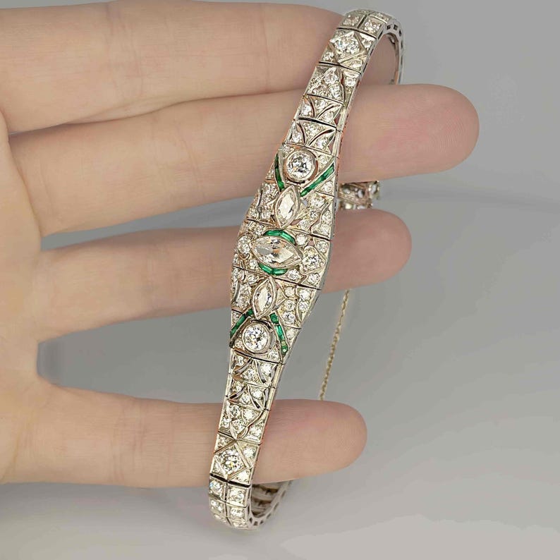 OOAK Art Deco Platinum Emerald Diamond Bracelet Art Deco Antique Diamond Bangle 1920s 1930s Jewelry for Anniversary Gift image 6