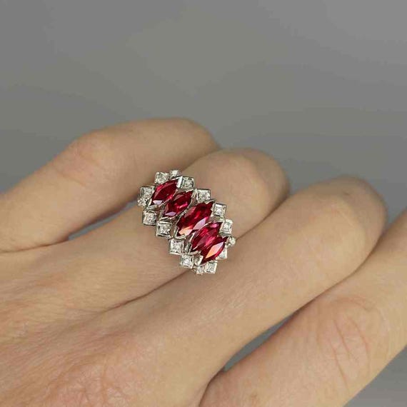 Unheated Deep Red Ruby Cluster Ring 18K White Gol… - image 4