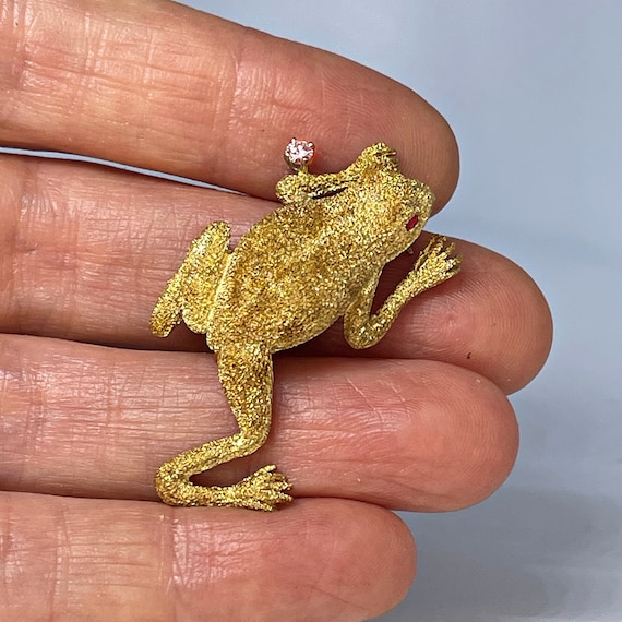 Diamond Frog Pin Brooch 18K Gold Artisan Animal P… - image 3