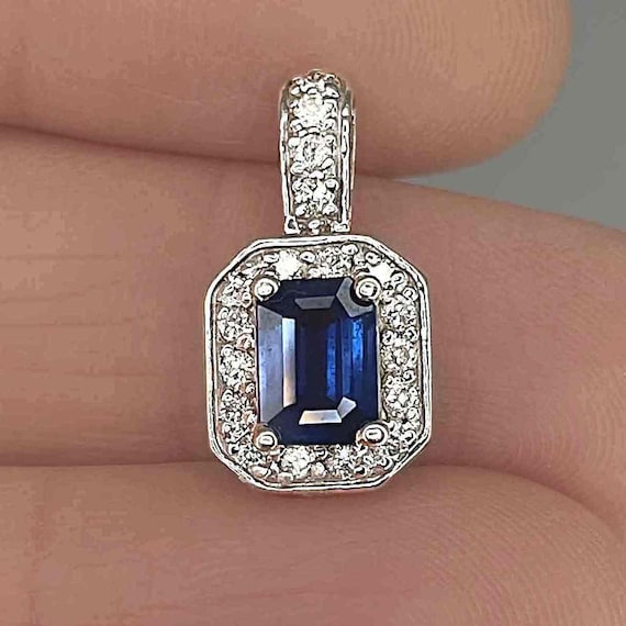 Unheated Deep Blue Sapphire Diamond 14K Pendant E… - image 2