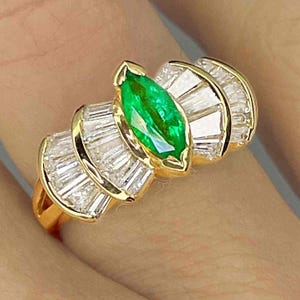 Marquise Emerald Diamond 14K Ring Vintage Emerald Engagement Ring Unique Emerald Engagement Ring