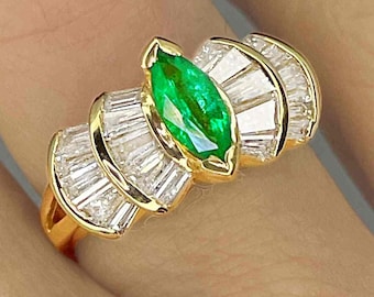 Marquise Emerald Diamond 14K Ring Vintage Emerald Engagement Ring Unique Emerald Engagement Ring
