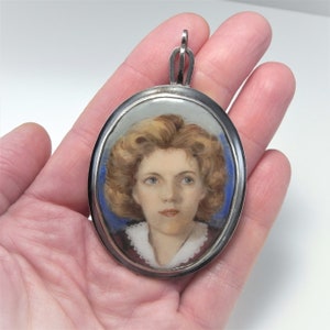 Art Deco 1930s Antique Enamel Portrait Pendant Art Nouveau Silver Miniature Portrait Enamel Portrait 1920s 1930s Pendant Jewelry Painting
