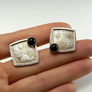 Onyx Silver 14K Gold Mens Cufflinks Handmade Vintage Cuff Links with Box as gift Mens Accessories Anniversary Birthday Christmas Valentines
