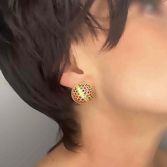 Button Earrings Natural Ruby Earrings Blue Sapphi… - image 2