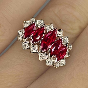 Unheated Deep Red Ruby Cluster Ring 18K White Gold 1970s Geometric Ruby Diamond Ring Unique Handmade 1970s Engagement Anniversary Ring