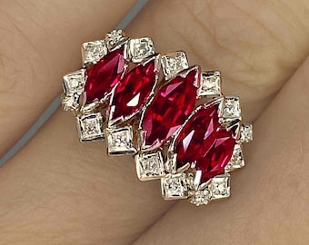 Unheated Deep Red Ruby Cluster Ring 18K White Gold 1970s Geometric Ruby Diamond Ring Unique Handmade 1970s Engagement Anniversary Ring