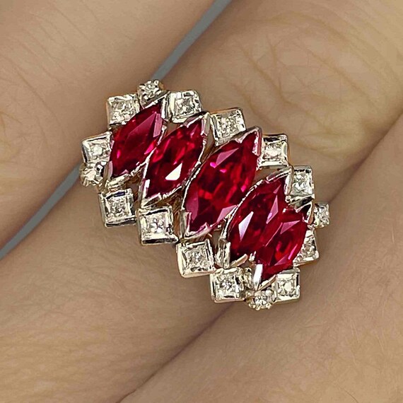 Unheated Deep Red Ruby Cluster Ring 18K White Gol… - image 1