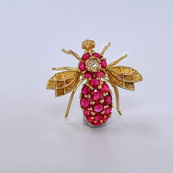 Ruby Bee Brooch Pendant 14K Gold Ruby Diamond Bee… - image 3