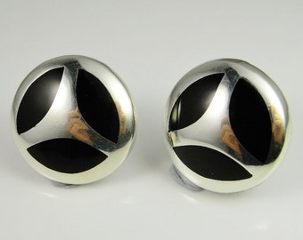 Button Earrings 80s Earrings Onyx earrings sterling Silver Earrings Clip On Earrings Geometric Earrings Modernist Earrings Handmade Earrings