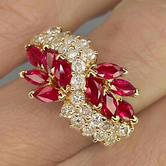 Vintage Ruby Cluster Ring 14K Gold Bright Red Rub… - image 1