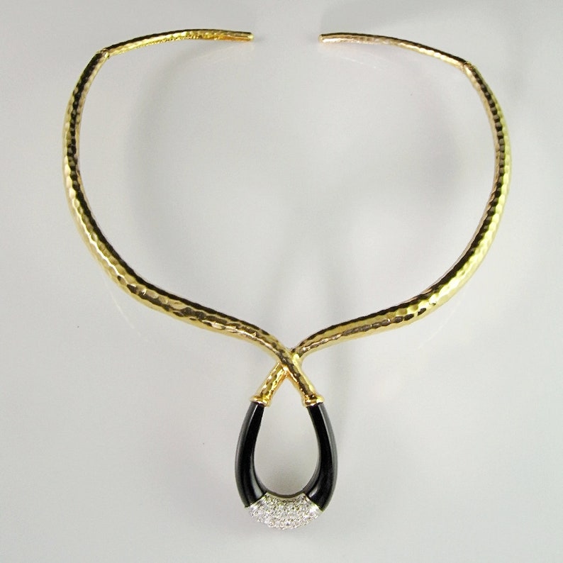 Collar de oro grande Collar de diamantes de ónix Collar de diamantes Gargantilla de diamantes Collar de bodas Collar nupcial Collar modernista Joyería de oro modernista de 14K imagen 5