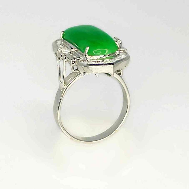 Untreated Jade Engagement 18K Gold Ring Emerald Green Jadeite Jade Diamond Halo Ring Large Jade Statement Ring Unique Jade Diamond Ring image 10