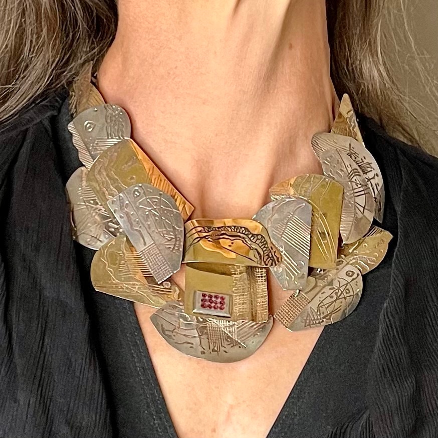 Calman Shemi Chunky Statement Necklace Sterling Silver Modernist Necklace Bib Necklace Festoon Necklace Waterfall Necklace Tiered Necklace