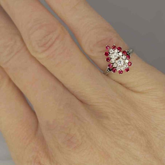 Tear Drop Ruby Diamond Cluster Ring 14K Gold 1950… - image 5