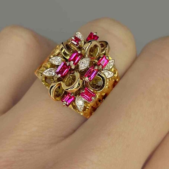 Unheated Ruby Cluster Ring Ruby Diamond Cocktail … - image 3