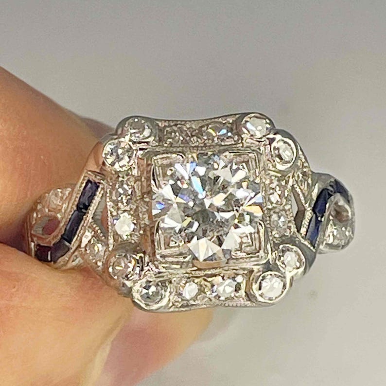 OOAK Art Deco-period 1920-tals diamant-safir-platinaring Unik antik diamantring med övergångsslipning Unik jubileumsring bild 3