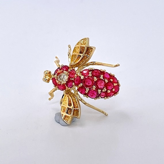 Ruby Bee Brooch Pendant 14K Gold Ruby Diamond Bee… - image 5