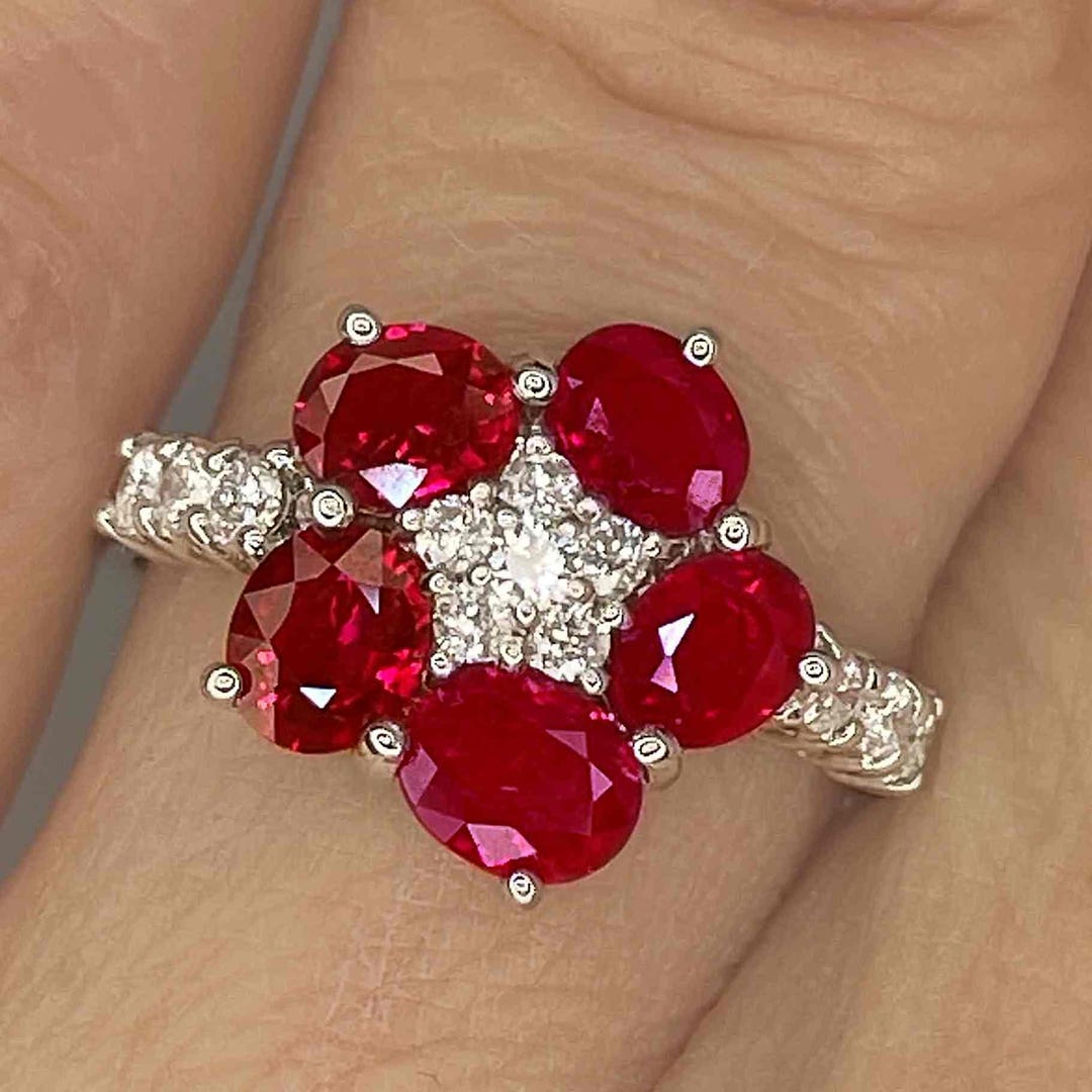 Unheated Ruby Flower Ring Bright Red Ruby Diamond Daisy Ring 18K White ...