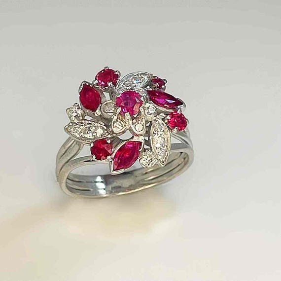 Vintage Ruby Flower Ring 18K White Gold Unheated … - image 8