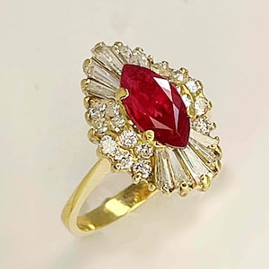 Unheated Ruby Engagement Ring Marquise Ruby Diamond Ring Natural Ruby Ring 14K Yellow Gold Ruby Ballerina Ring Vintage Ruby Rings