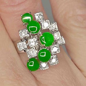 OOAK Jade Diamond Ring Vintage Untreated Green Jade Cluster Ring Unique Jadeite Jade Unisex Ring