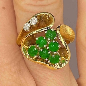 Imperial Jade Diamond Ring 14K Untreated Jade Engagement Ring Green Jadeite Ring Modernist 1970s Green Jade Cocktail Ring Jade Cluster Ring