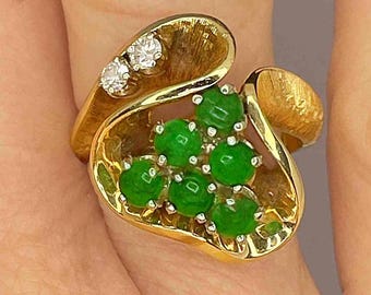 Imperial Jade Diamond Ring 14K Untreated Jade Engagement Ring Green Jadeite Ring Modernist 1970s Green Jade Cocktail Ring Jade Cluster Ring